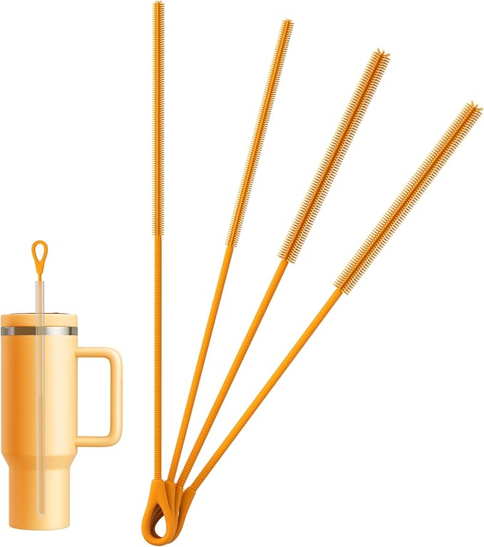 Silicone Straw Cleaner Brush - 4 Pcs Straw Brush for Water Bottle Sippy Cup Tubes Glass Straws, Reusable Bendable and Dishwasher Safe Orange