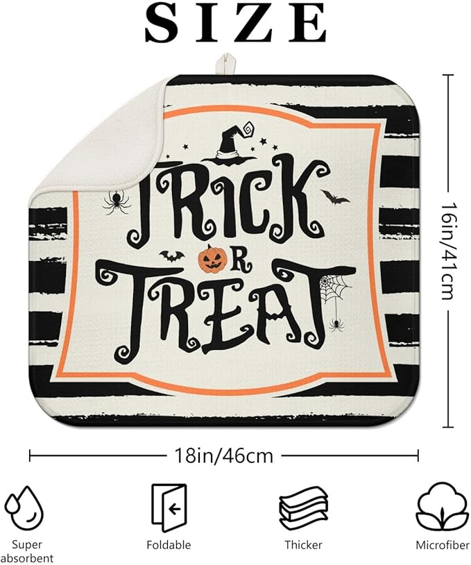 Halloween Dish Drying Mat for Kitchen Counter, Halloween Trick or Treat Microfiber Drying Mat,Distressed Black and White Background Washable Absorbent Countertop Holiday Dish Mat Drain Mat,16x18 Inch