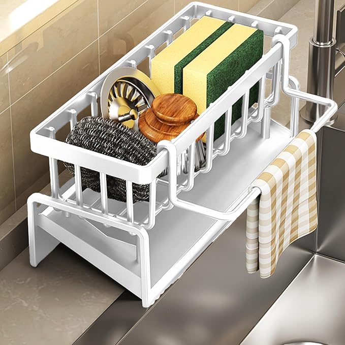 Kitchen Sink Organizer with Drain Tray, Sponge Holder, Brush Storage, Auto-Drying Rack for Dish Soap, Cleaning Tools, Countertop or Sink Caddy for Kitchen Decor