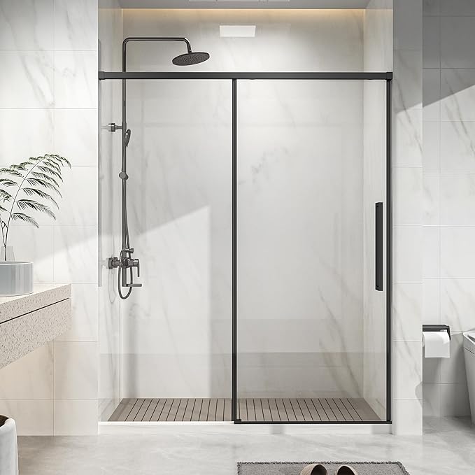 Semi-Frameless Shower Door 60" W x 72" H, 1/4" Clear Tempered Glass, Sliding Design, Reversible Installation, Matte Black Finish, Space-Saving Glass Shower Door for Small Bathrooms