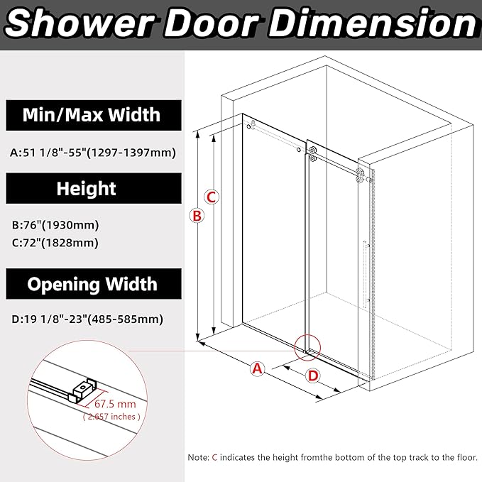 Sunrosa Frameless Shower Door, 51-55" W x 76" H Sliding Shower Door with Handle, Glass Shower Door with 5/16" (8mm) Clear SGCC Tempered Glass, Brushed Gold