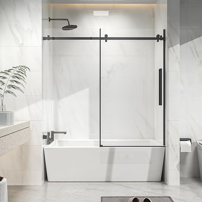 Frameless Sliding Bathtub Door 60" W x 58" H, 1/4" Clear Tempered Glass, Reversible Installation, Stainless Steel Hardware, Matte Black Finish, Space-Saving Glass Tub Shower Door for Bathrooms