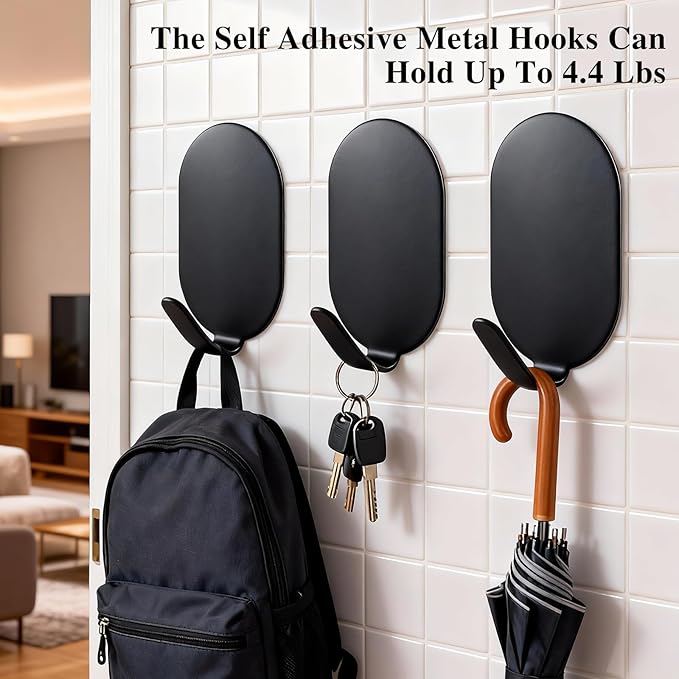 Sticky Adhesive Hooks for Hanging, Key Hooks, Stainless Steel Wall Hooks, Command Hooks, Coat Hooks, Door Hooks, Towel Hanger, Metal Hook, Utility Hooks,Picture Hanger, Storage Hooks, 10Pcs (Black)