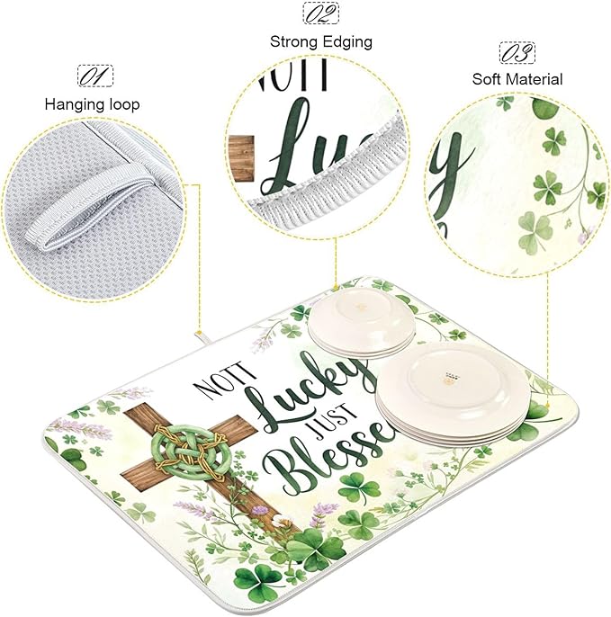 St.Patrick Days Dish Drying Mat for Kitchen Countertop 18x24 Green Shamrock Blessed Cross Large Drying Mat Reusable Quick Dry Dish Sink Mats Easy Clean Decorative Essentials