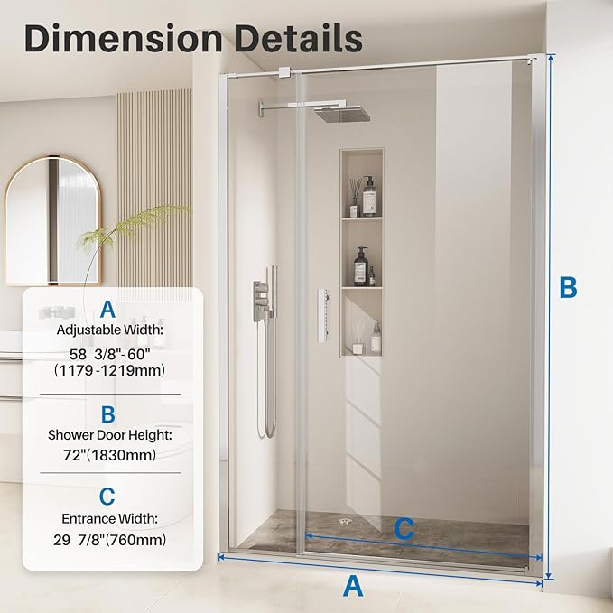 Bathbliss Framed Pivot Shower Door, Glass Shower Door in Chrome, 58.5" to 60" W x 72" H, 5/16" Tempered Glass, Reversible Installation, Easy Setup