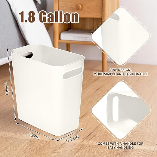 Platic Trash Can - Small Waste basketbin - 1.8 Gallon- for Office,Home,Bathroom,Kitchen - White
