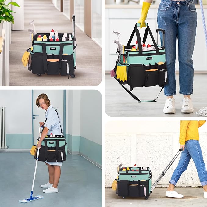 Large Rolling Cleaning Caddy Bag with Detachable Trolley, Waterproof Cleaning Caddy on Wheels for Housekeepers, Cleaning Cart Supplies Organizer for Home,Car,Office,Picnic (Blue-Green) (Patent)