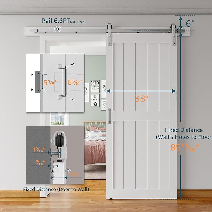 38''x84'' Sliding Barn Door with 6.6 Ft Brushed Nickel Hardware Kit& Handle& Floor Guides,Pre-Drilled Holes Easy Assembly - Include Installation Manual, Water-Proof PVC Surface, H-Frame