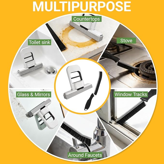 Mini Mop and Cleaning Brush Set, Foldable Self-Squeeze Sponge Mini Mop & Hard Bristle Crevice Cleaning Brush for Small Spaces, Tight Spaces, Gaps, Grout Cleaning, Kitchen, Bathroom, Desktop