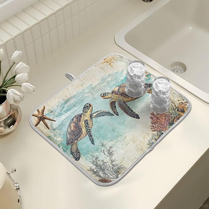 Vintage Ocean Sea Turtle04 Dish Drying Mat for Kitchen Counter Absorbent Microfiber Large Drying Pad Dish mats for Kitchen Countertops 18 x 24 Inch
