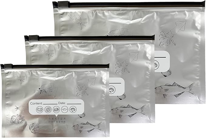 FERENLI 20 pcs 9.1x6.7inch Reusable Aluminum Foil Food Storage Bags with Label Zipper Seal Lock Stand up Freshness Freezer Bags for Meat Fish Vegetables Fruit Seafood Kitchen Organization