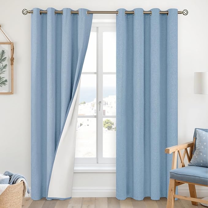 YoungsTex Light Blue Linen 100% Blackout Curtains 80 Inches Long, Thermal Insulated Drapes with Grommet Room Darkening for Living Room Window, 2 Panels, 52 X 80 Inch