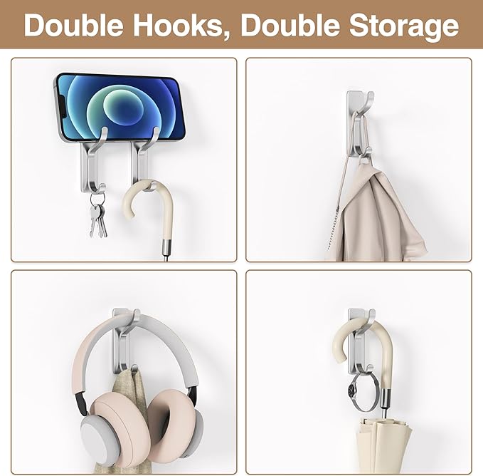 niffgaff Wall Hooks for Coat and Towel: 13lb Adhesive Door Hanger Stick On, Sticky Hook for Wall, Closet, Bathroom - Silver, 4 Pack