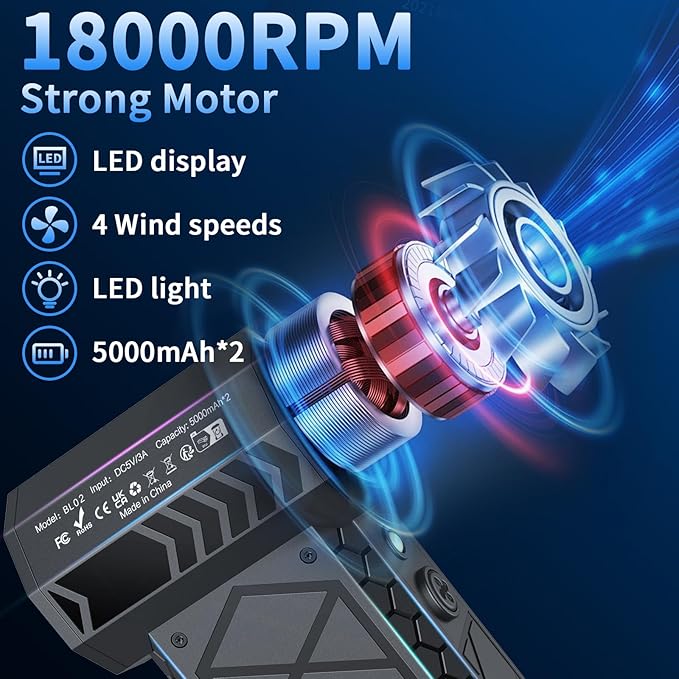 Electric Air Duster with LCD Screen & Flashlight, 180000RPM Compressed Air Duster Turbo Fan(10000mAh), High-Speed Electric Air Blower Duster with 4 Gear Wind, Jet Fan with Assist Lighting -Black