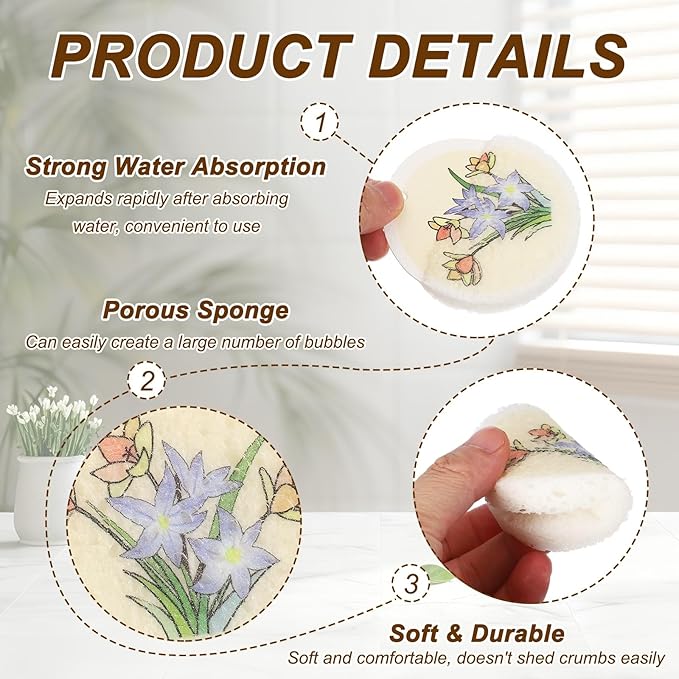 uxcell 6Pcs Cellulose Sponges, Round Kitchen Clean Sponges Non-Scratch Compressed Dish Scrubber with Floral Pattern for Kitchen Household Cookware Bathroom Cleaning & DIY, Light Yellow