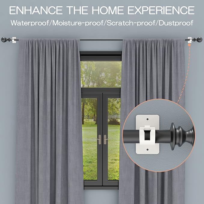 4PCS No Drill Curtain Brackets, Self-Adhesive Rod Holders, Universal Plastic Nail Free Adjustable, Curtain Hooks for Rods Less Than 1.57 Inch Diameter (White)