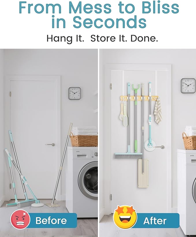 HULISEN Broom Holder Door Mount, Over the Door Broom and Mop Holder with 0.6" Thick Pads, Wood Mop Organizer Tool Hanger with 4 Racks & 2 Hooks for Laundry Cabinet Kitchen Garage, No Drills