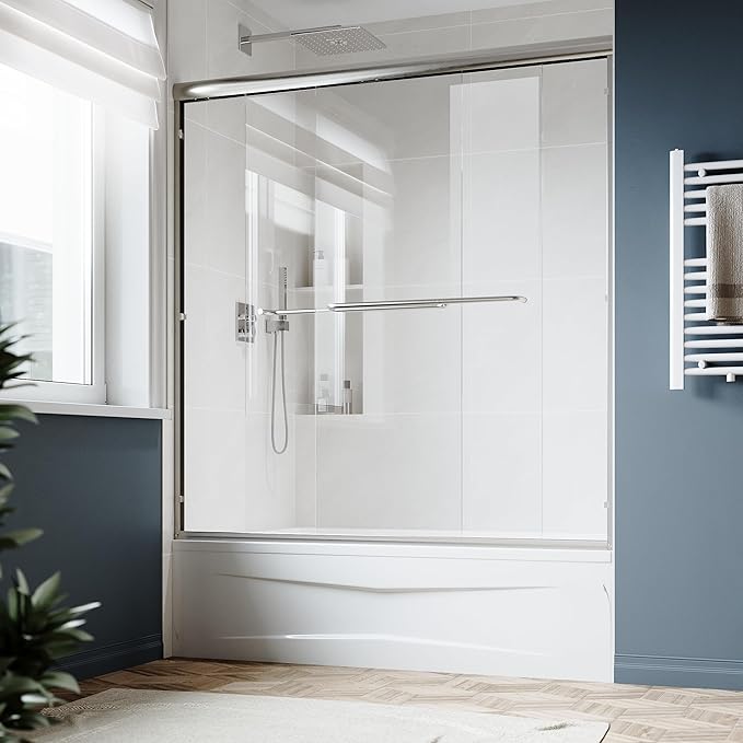 SUNNY SHOWER Double Sliding Glass Door 60" W x 62" H Shower Door 1/4" Tempered Glass Sliding Door Semi-Frameless Shower Glass Enclosure Bypass Walk in Shower Cabin, Brushed Nickel