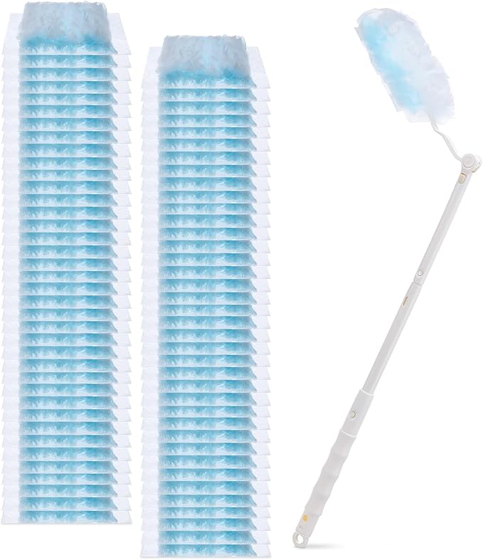 60 Count Duster Refills, Disposable Cleaning Duster Kit Heavy Duty Microfibre Dusters with Extendable Handle Starter Multi-Surface Dusters for Cleaning Home Furniture Blinds Ceiling Fan
