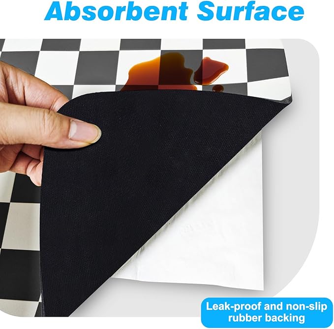Checkered Dish Drying Mat for Kitchen Counter, Absorbent Non-Slip Coffee Mat, Heat Resistant Mat for Countertops Coffee Bar Decor 16" x 24" Black