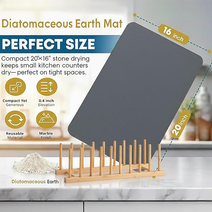 Stone Drying Mat for Kitchen Counter with Bamboo Rack,20"×16" Natural Diatomaceous Earth Drying Stone, Minimalist Dish Drying Mat for Modern Kitchen Countertops