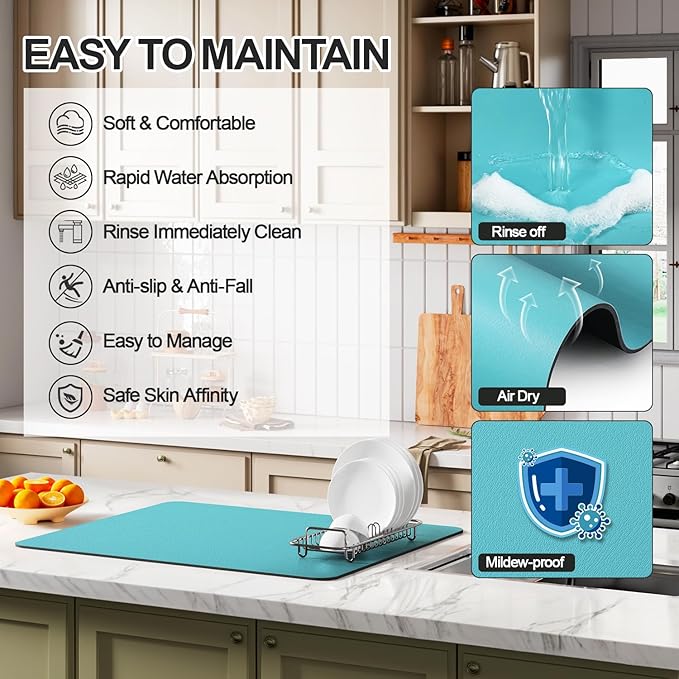Dish Drying Mat for Kitchen Counter | Coffee Bar Mat for Countertops | Heat Resistant Drainer Mat with Non-slip Rubber Backed | Hide Stain Kitchen Absorbent Draining Mat | Turquoise 16"x24"