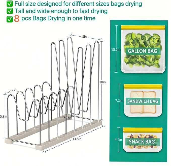 Plastic Bag Drying Rack, Reusable Bag Drying Rack for Silicone Bag & Ziploc Bag, Bottle Dryer Rack for Gloves & Glasses, Pan Lid & Cutting Board Organizer