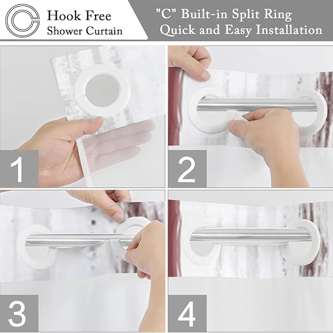No Hook Shower Curtain with Snap in Liner, Hotel Style Burgundy Red White Gold Brush Strokes Art Modern Shower Curtain Waterpoof Washable with See Through Top Window,71"x86"