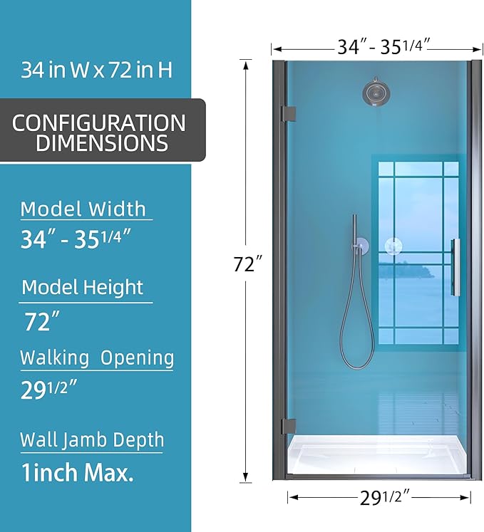 GETPRO Frameless Shower Door Pivot 34 in.W x 72 in.H Swing Single Small Shower Door with 1/4 in. Tempered Clear Glass Panel Adjustable Left Hinged Bathroom Door for Shower Matte Black Hardwares