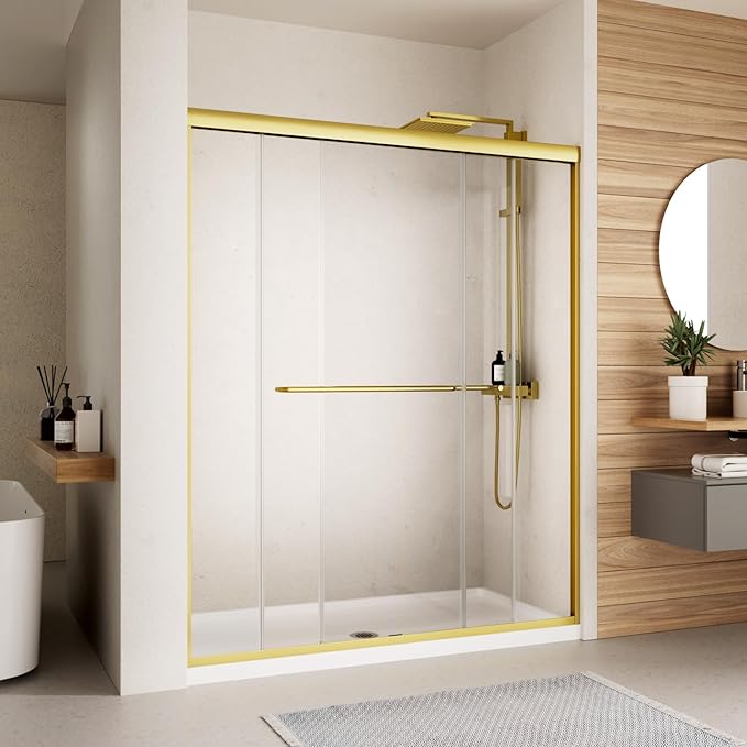 Shower Door,44-48" W x 70" H Semi-Frameless Double Sliding Glass Shower Door with 1/4'' (6mm) Clear SGCC Tempered Glass,Bypass Shower Enclosure,Brush Gold
