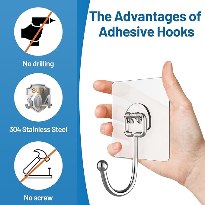 Adhesive Hooks Heavy Duty 44lb(max), Rustproof Wall Hooks for Hanging Bag, Coat, Towel etc, Strong Stick on Hooks for Hanging Heavy Duty for Bathroom, Kitchen, Home, 16 Pack