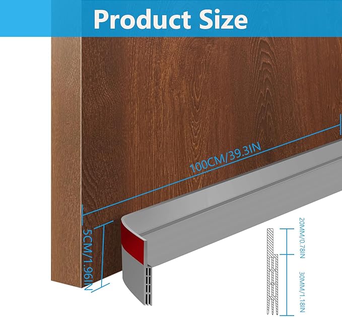 Ainiv Door Draft Stopper Under Door Seal, 2" W x 39" Cutable Soundproof Door Seal, Adhesive Under Door Sweep Weather Stripping Soundproof Kit, Under Door Draft Stopper Seals Anti-Collision-Grey