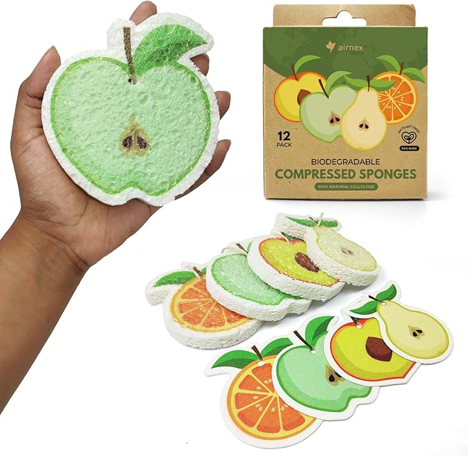 Compressed Cellulose Sponges - 12 Pack Fruit Shaped Natural Pop Up Dish Sponge for Kitchen - Compostable, Plant-Based, Non Scratch Cleaning Sponges Bulk for Dishes & Household Cleaning