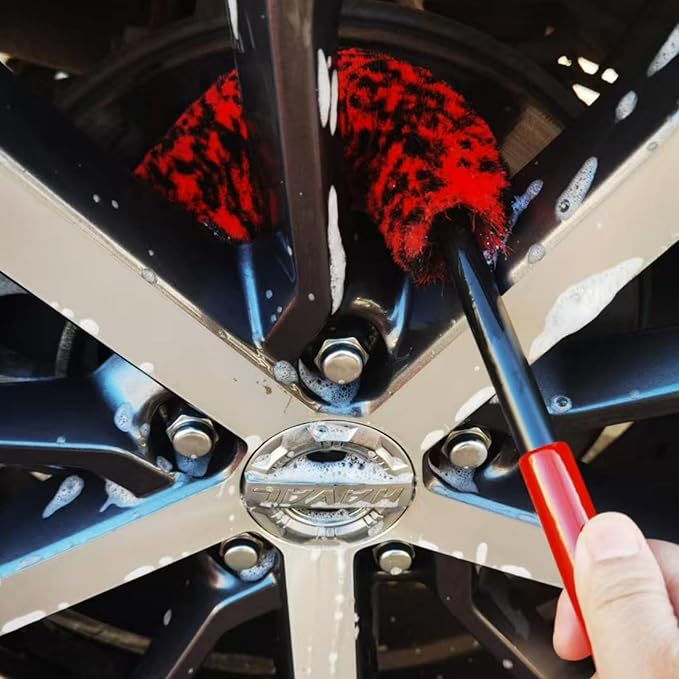 4PCS Wheel Brush Kit for Cleaning Wheel and Tire, Wheel and Rim Brush, Car Detailing Brushes, 360 Degree Bendable & Durable Car Wheel Rim Cleaner Brush Set (Red&Grey)