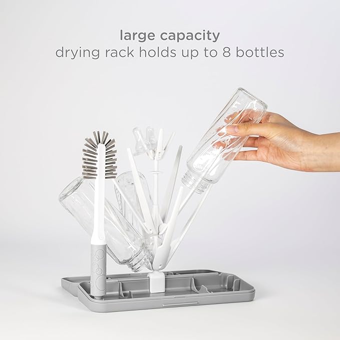 Ubbi On-The-Go Drying Rack and Brush Set, Includes Travel Case and Bottle Brush for Compact Storage, Holds Up to 8 Bottles, Baby Travel Accessories, Gray