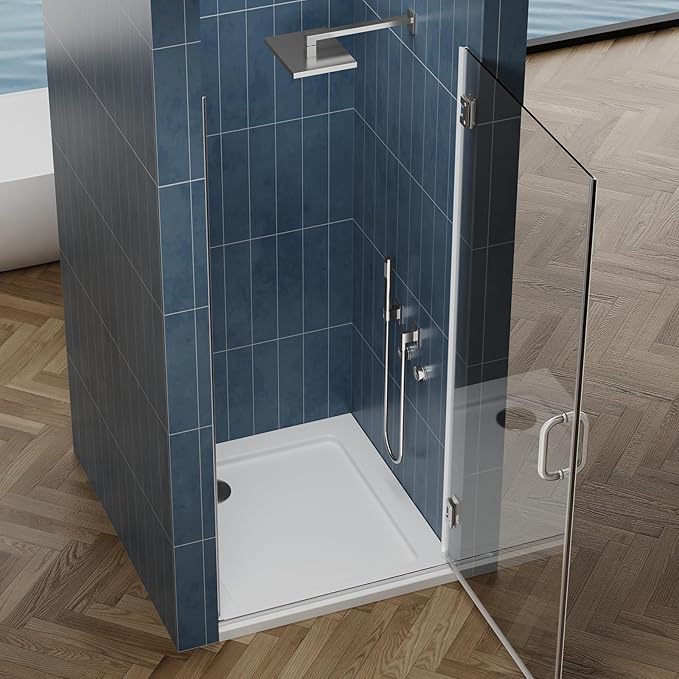 Framelss Hinged Shower Door, 34" W x 76" H Single Swing Pivot Shower Door, 3/8" (10mm) Tempered Glass with Nano Coating, Stainless Handle, Glass Door for Walk-in Shower - Brushed Nickel