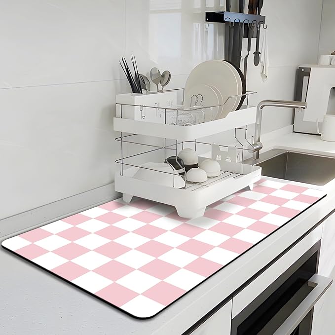 Dish Drying Mat for Kitchen Counter, 17’’ X 28’’ Checkered Large Coffee Station Mat, Super Absorbent Fit Under Coffee Maker Pad, Espresso Machine Mats, Drainer Mat Easy Clean, Pink & White