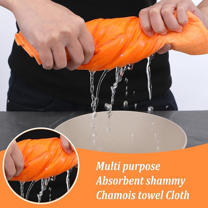 10 Pack Shammy Cloths, 27 X 20 Inch Extra Large Absorbent Cleaning Towels, Reusable Multi Purpose Chamois for Car Drying, Home, Kitchen, Bathroom and Pet, Machine Washable and Scratch Free, Orange