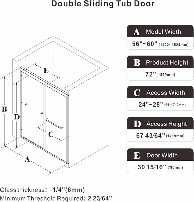 56-60" W x 72" H Semi-Frameless Double Sliding Glass Shower Door, 1/4" (6mm) Clear Tempered Glass, Bypass Sliding Shower Door for Bathroom, Easy to Clean (Matte Black, 60" W x 72" H)