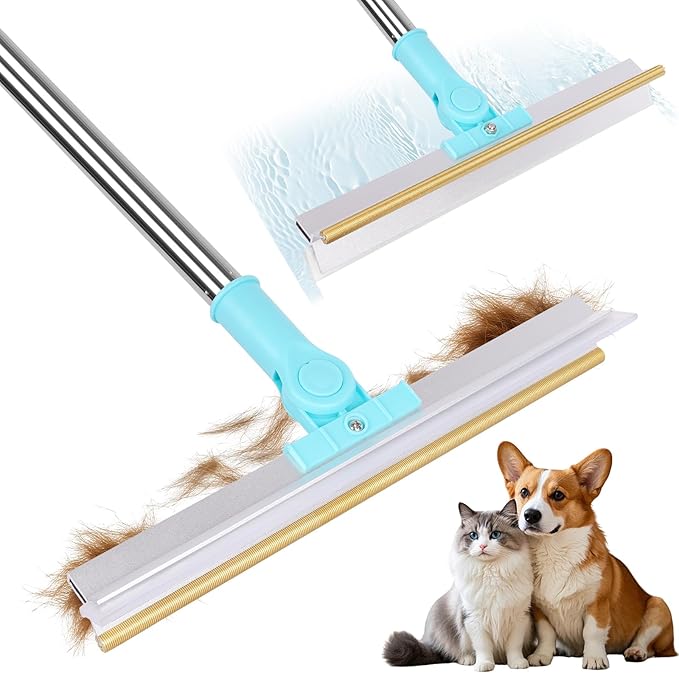 Carpet Rake for Pet Hair Removal, 2 in 1 Pet Hair Remover Tool with Squeegee, Durable Sturdy Dog Cat Hair Rake, 60‘’ Adjustable Handle, 12'' Wide Rake Scraper Carpet Broom for Carpet Rug Mat Cleaning