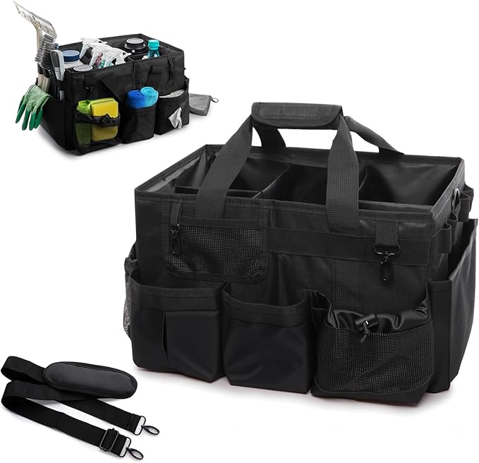 Large Cleaning Caddy Bag with Built-in Support Board, Wearable Cleaning Supplies Organizer with Adjustable Shoulder Strap & Waist Belt, Waterproof Heavy Duty Tote for Housekeepers Car Detailing