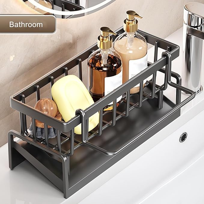 Kitchen Sink Organizer with Drain Tray, Sponge Holder, Brush Storage, Auto-Drying Rack for Dish Soap, Cleaning Tools, Countertop or Sink Caddy for Kitchen Decor