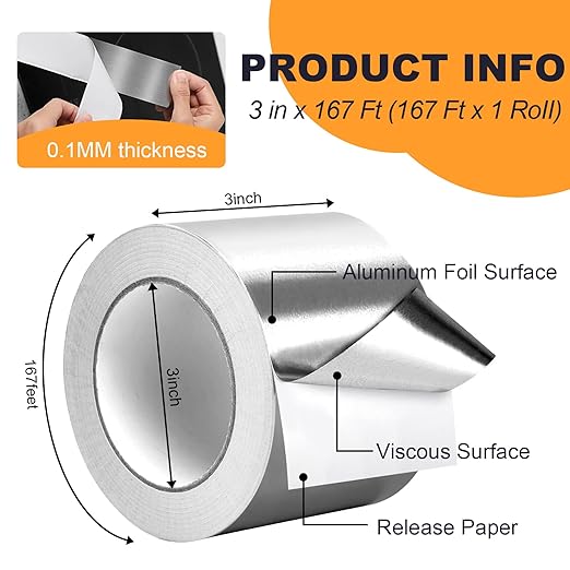 DGSL Aluminum Foil Tape, 3in x167ft(3.9 mil) Silver Metal High Temperature Heavy Duty HVAC Tape for Ductwork, Sealing, Patching, HVAC