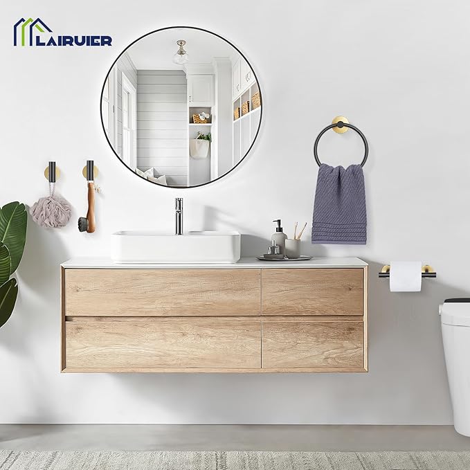 Black Gold Bathroom Hardware Set, 4-Piece Towel Holder Set Include Double Bases Toilet Paper Holder,Towel Ring and 2 Towel Hooks Stainless Steel Wall Mounted Bathroom Hardware Accessories Set