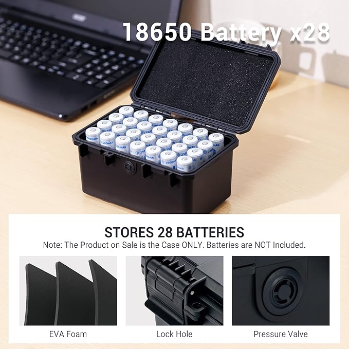 KIWIFOTOS 28 Slots 18650 Battery Organizer Case, IP67 Waterproof Protective Hard Case, Explosionproof Shockproof Battery Holder Box Outdoor Batteries Carrying Case Container