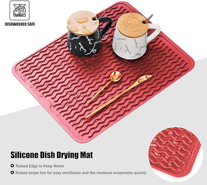 Large 24" x 18" Silicone Dish Drying Mat for Kitchen Counter, Easy clean, Quick Dry, Heat-resistant Dish Drainer Mat for Sink,Refrigerator or Drawer liner (Food Grade Silicone-Red)