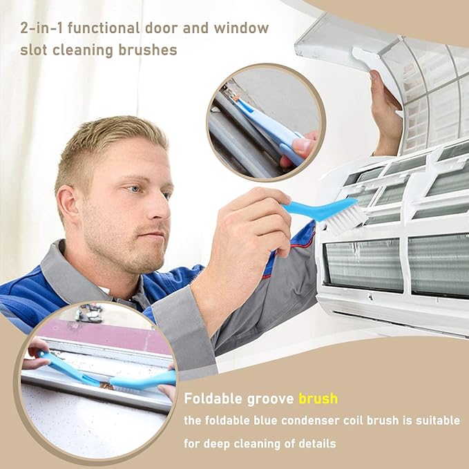4 Piece AC Cleaning Tool Kit, Includes 1 Dual-Sided Condenser Evaporator Coil Cleaner Brush and 3 Microfiber Cleaning Brushes, Perfect for Air AC, Vent, Refrigerator, Radiator, Repair, and Cleaning
