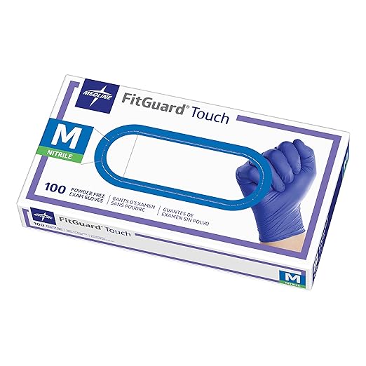 Medline FitGuard Touch Nitrile Exam Gloves, 100 Count, Medium, Powder Free, Disposable, Not Made with Natural Rubber Latex, for Medical Tasks, Durable for Household Chores