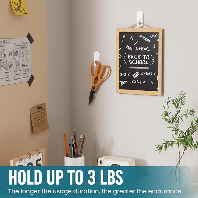 TAILI Hooks for Hanging,6 Plastic Sticky Hooks and 8 Adhesive Strips, White Utility Hooks for Painted Wall, No Damage Heavy Duty Holds up to 3 lb, Removable & Reusable for Door, Dorm, Clothes, Closet