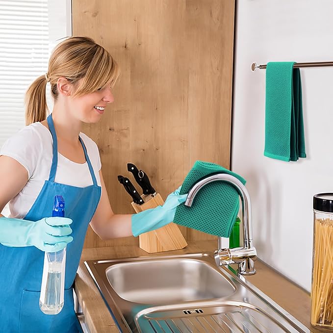 Kitinjoy 100% Cotton Waffle Weave Kitchen Hand Towels (13 x 28 Inches, Teal), 4-Pack Super Soft and Absorbent Dish Towels for Drying Dishes